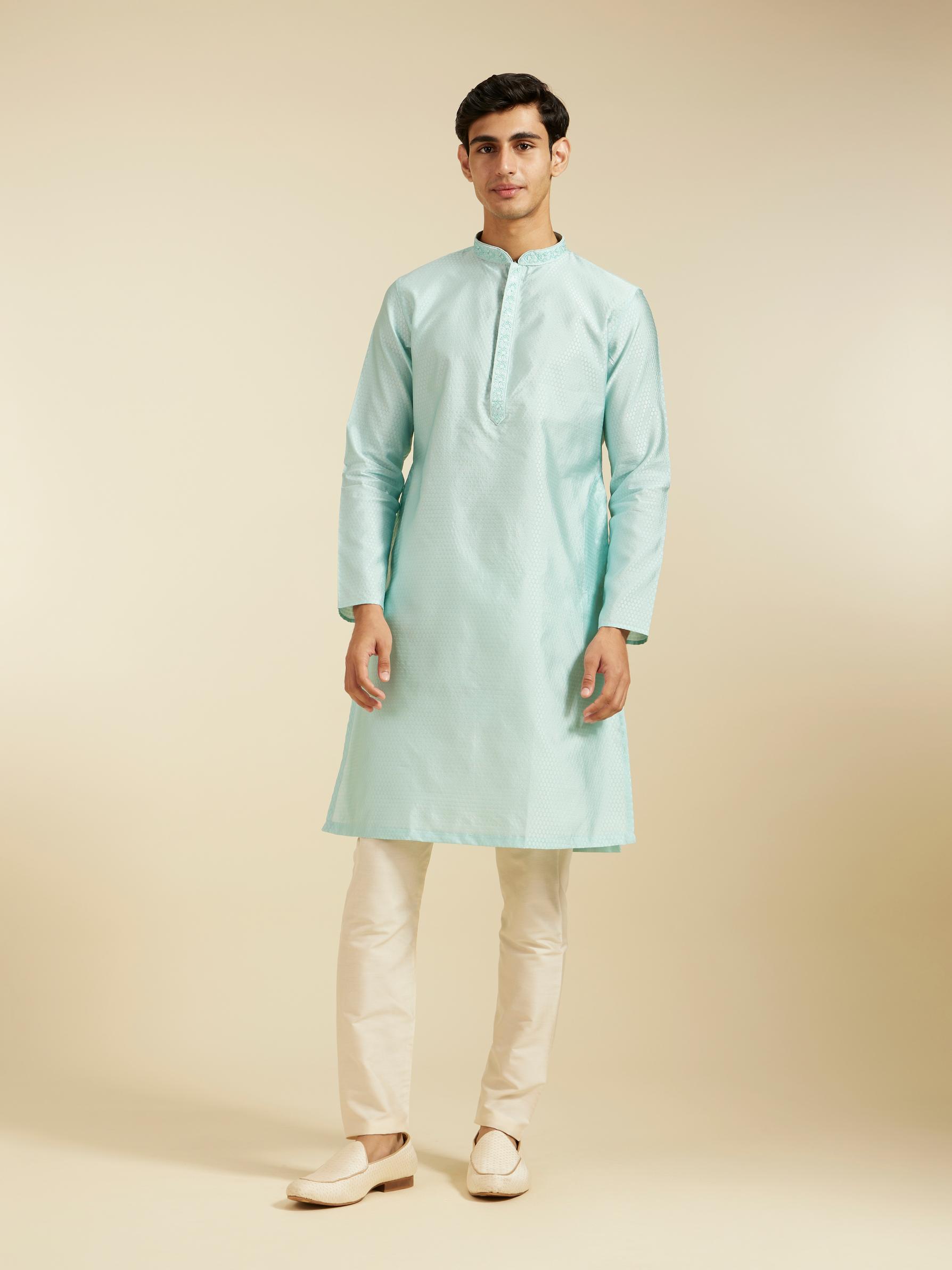 Diwas Men Aqua Green Subtle Self Patterned Kurta with Embroidered Placket