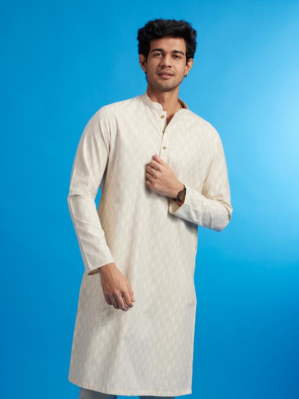 Diwas Men Cream Beige Harlequin Printed Kurta