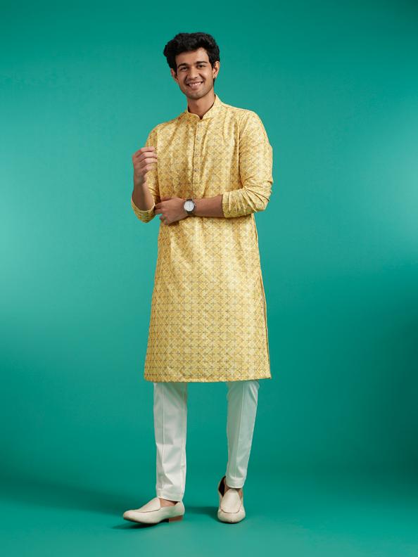 Diwas Men Straw Yellow Buta Print in Grid Pattern Kurta