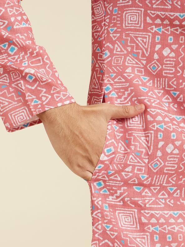 Diwas Men Coral Peach Aztec Printed Kurta