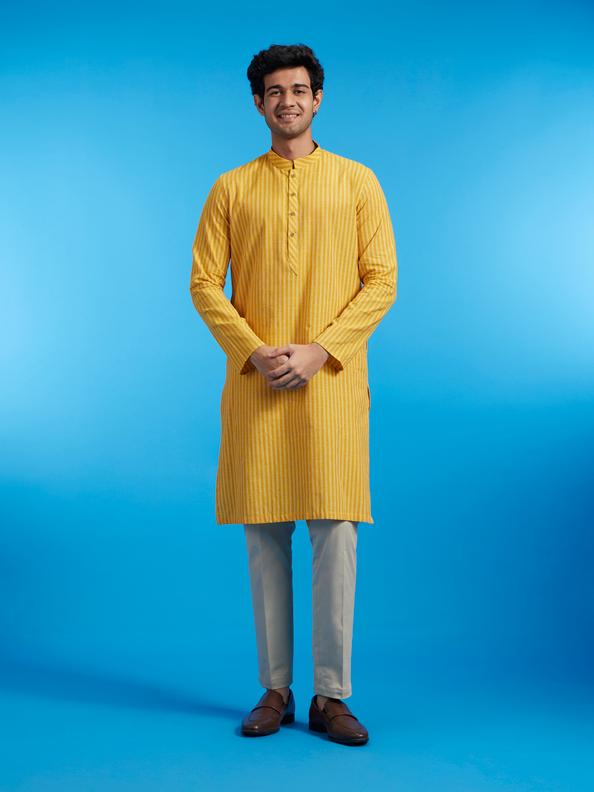 Diwas Men Mustard Yellow Linear Patterned Striped Kurta