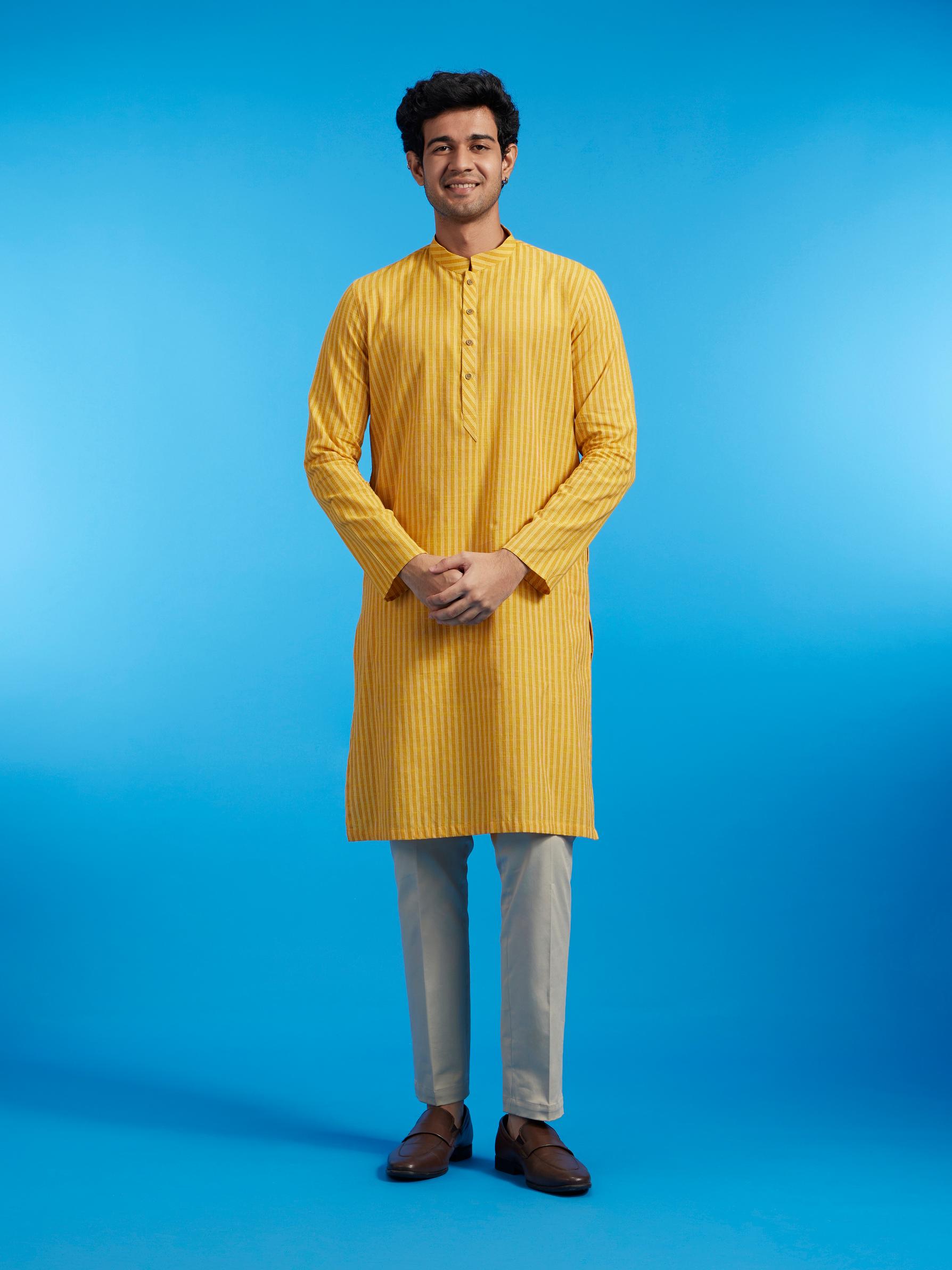 Diwas Men Mustard Yellow Linear Patterned Striped Kurta