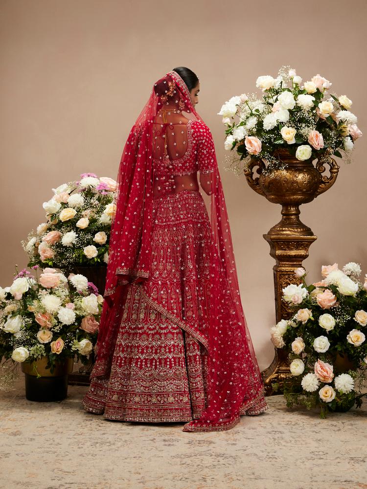 Twamev Women Scarlet Red Jaal Patterned Lehenga with Floral Motifs, Scalloped And Bel Buti Borders