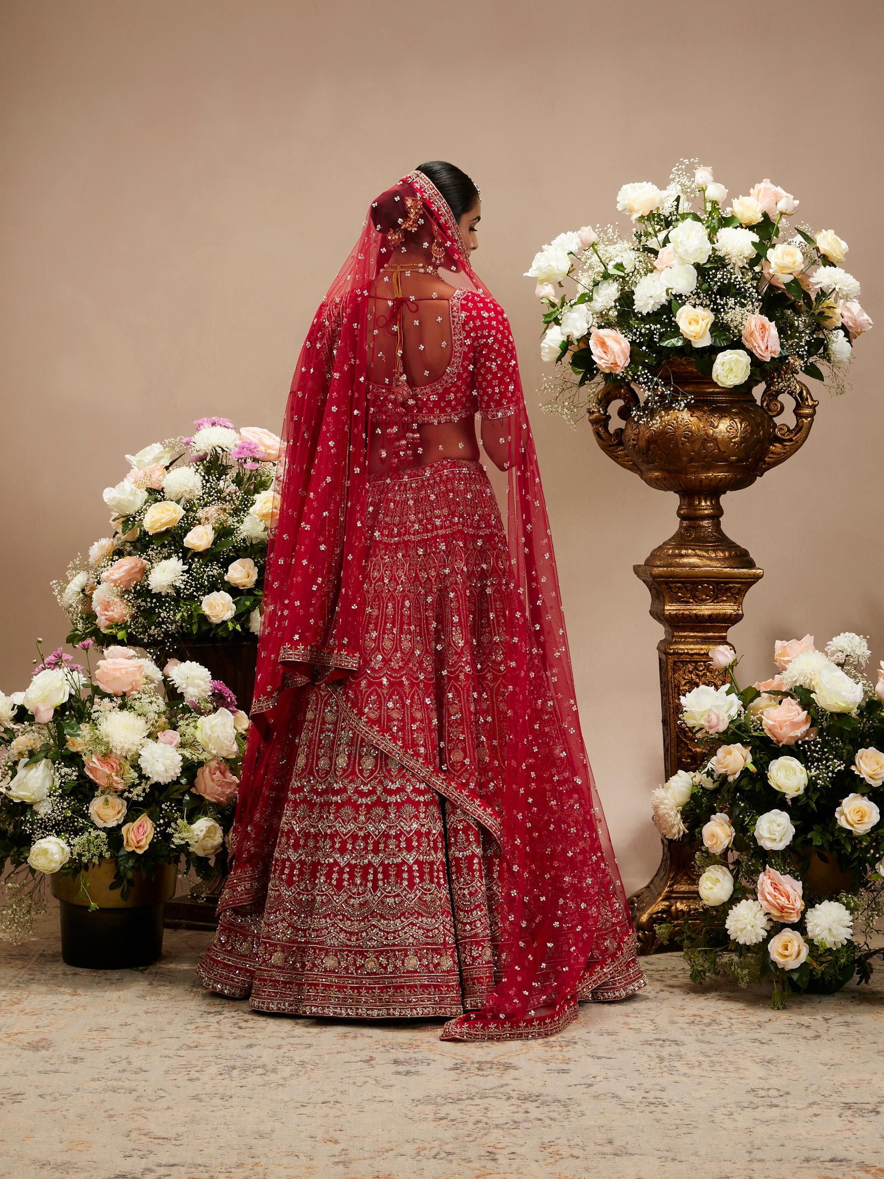 Twamev Women Scarlet Red Jaal Patterned Lehenga with Floral Motifs, Scalloped And Bel Buti Borders