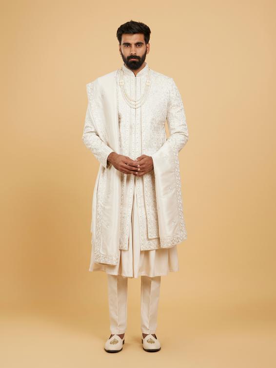 Twamev Men Pristine Beige Pista Green Sherwani
