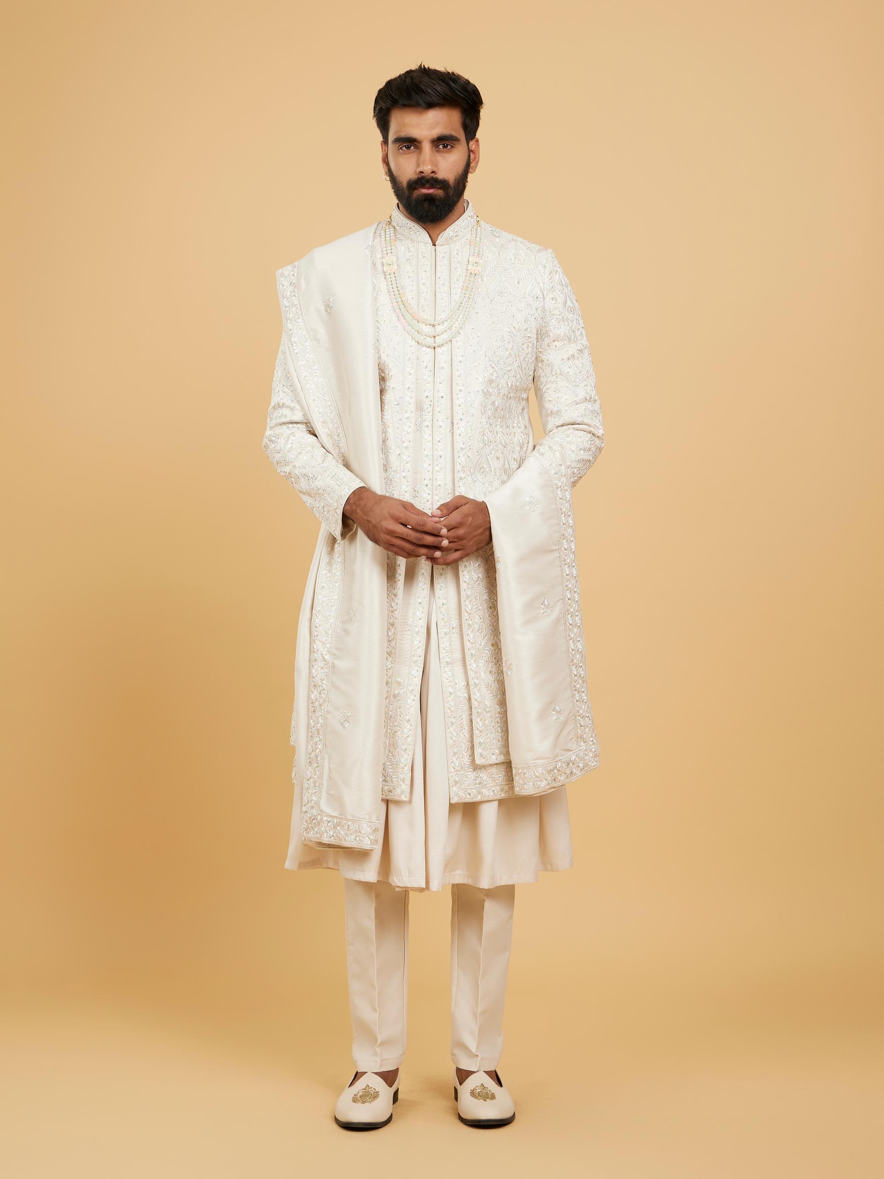 Twamev Men Pristine Beige Pista Green Sherwani