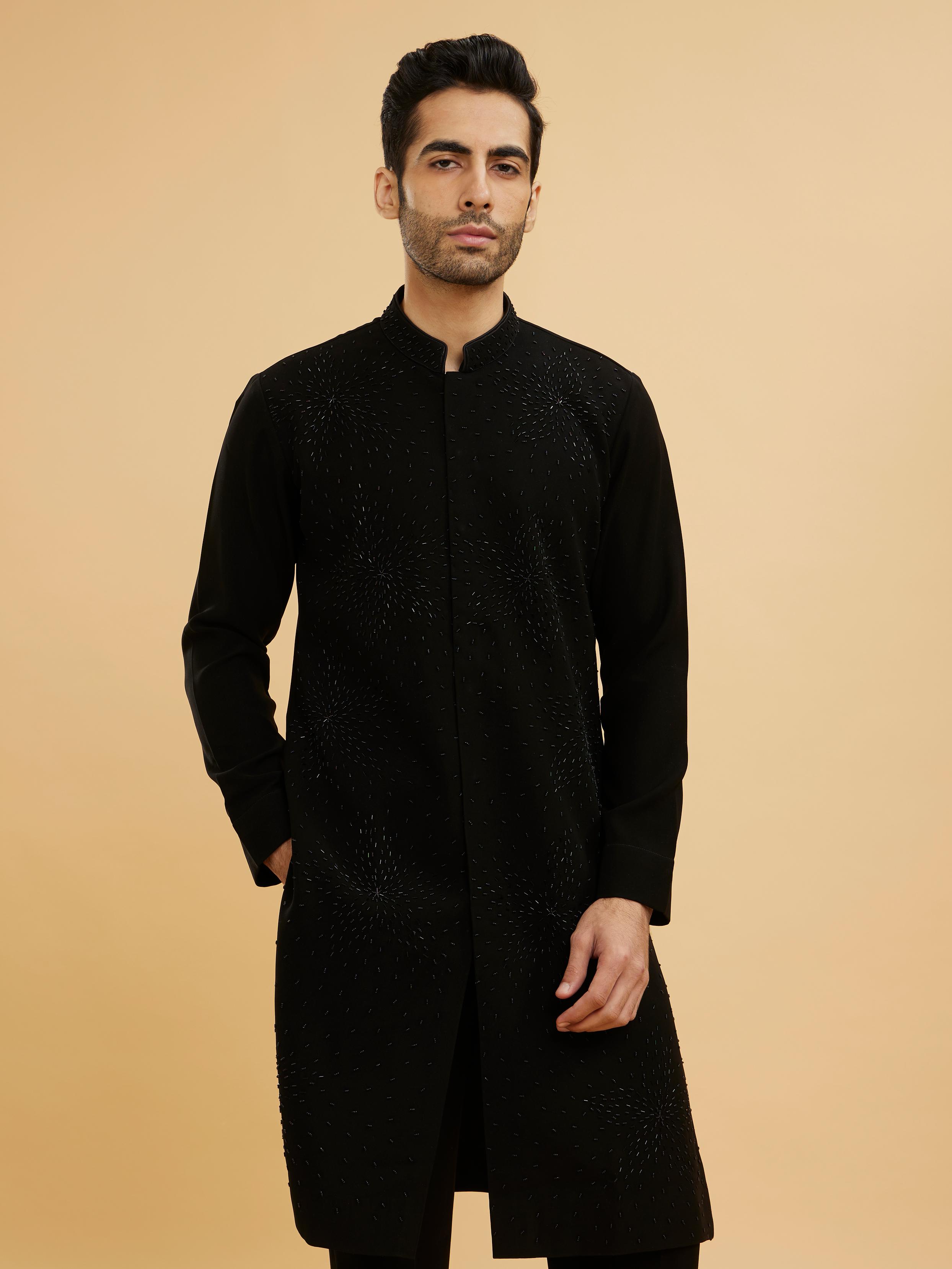 Twamev Men Ebony Black Kurta Set with Cutdana Work