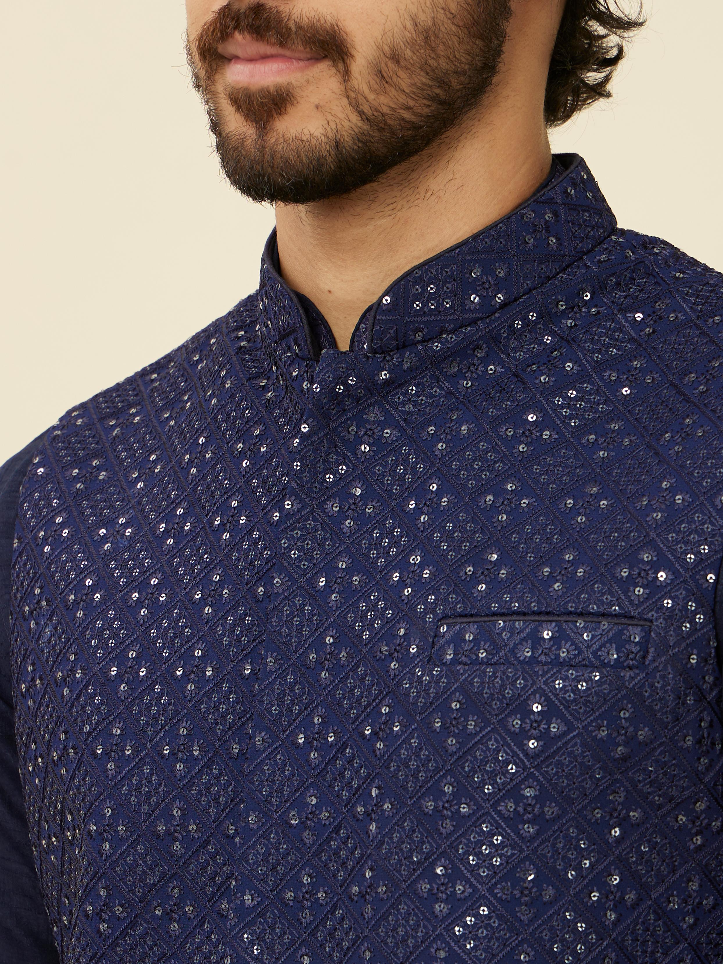 Twamev Men Dark Blue Mirror work Kurta Jacket Set