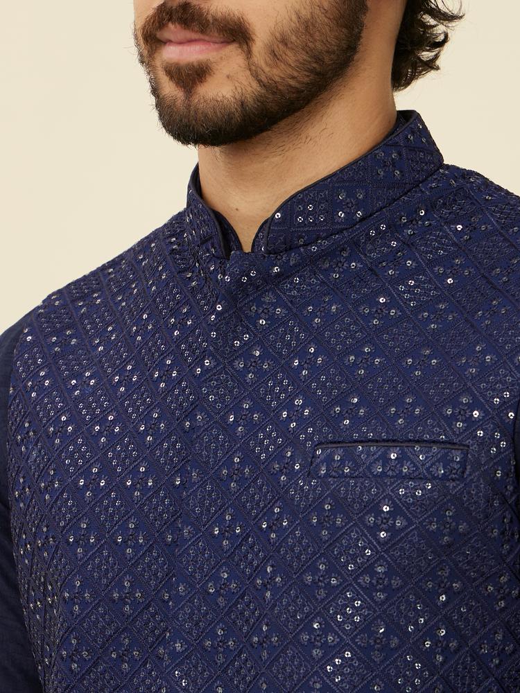 Twamev Men Dark Blue Mirror work Kurta Jacket Set