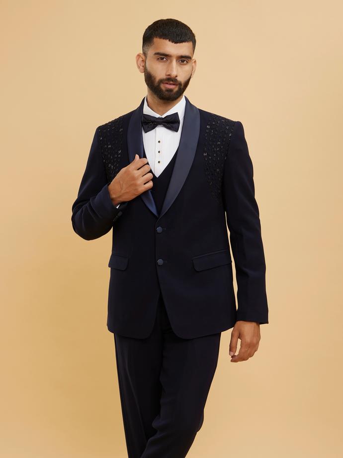 Twamev Men Midnight Blue Embellished Shawl Collared Tuxedo Suit Set