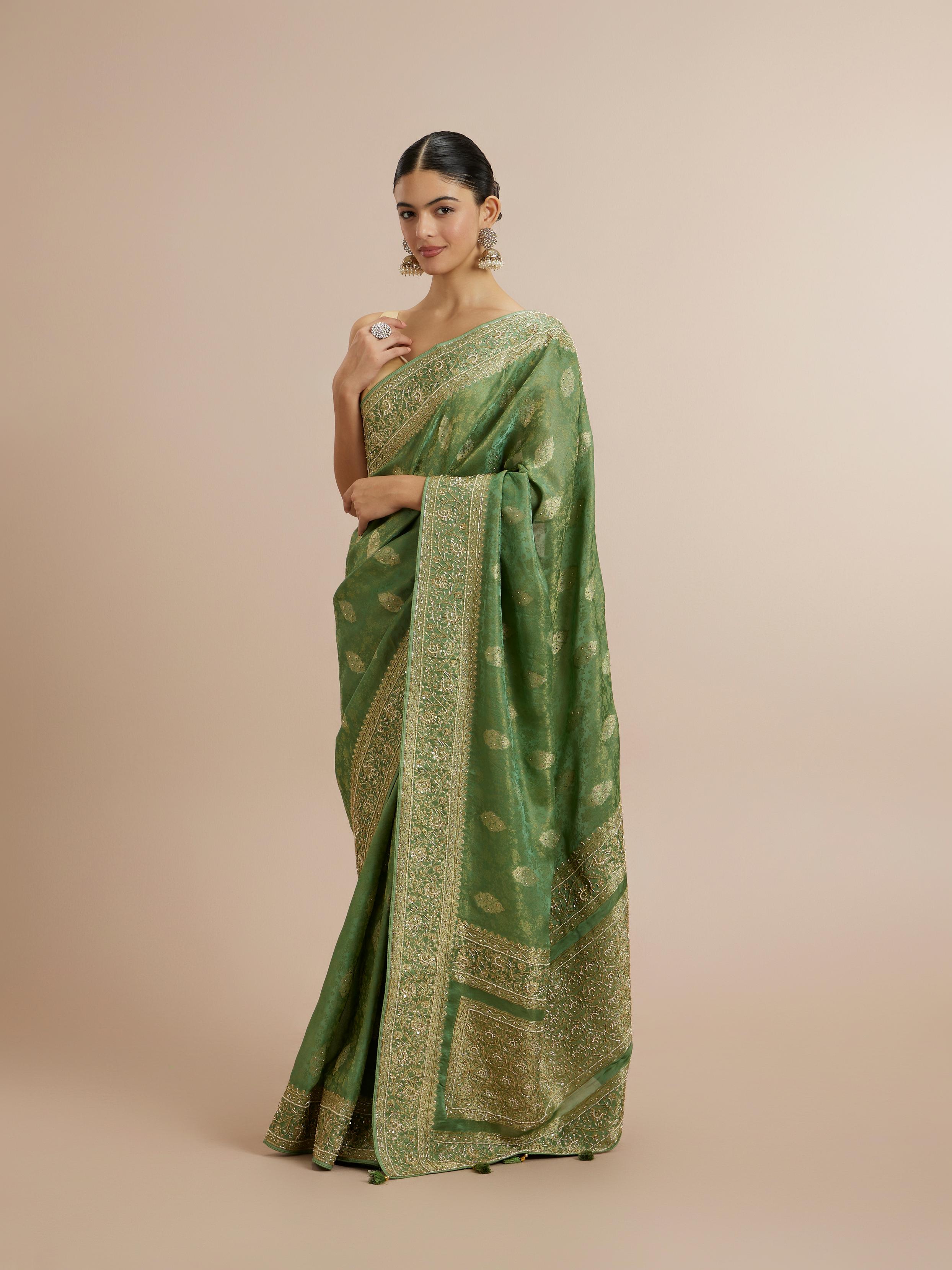Twamev Women Enchanting Sea Green Satin Saree