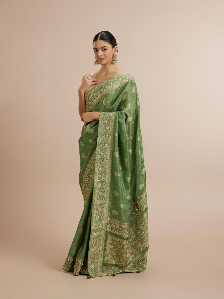 Twamev Women Enchanting Sea Green Satin Saree