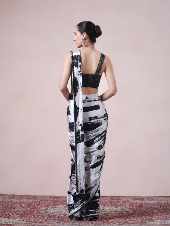 Twamev Women Black and Cream Fusion Satin Saree