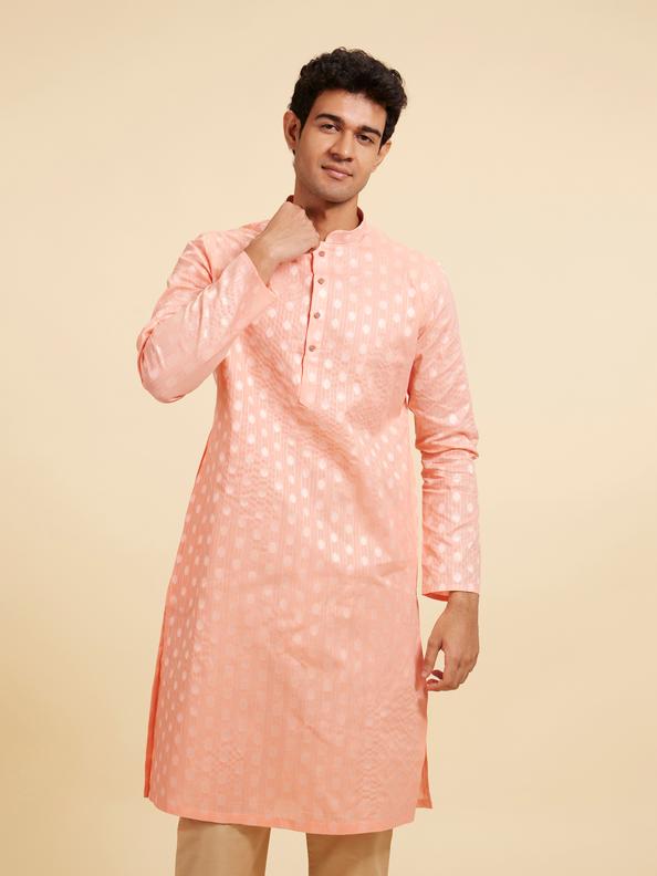 Diwas Men Coral Peach Striped and Oval Patterned Kurta