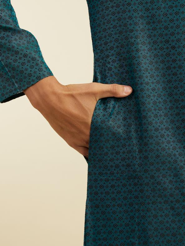Diwas Men Teal Green Floral Buta Patterned Kurta with Sequinned Neckline
