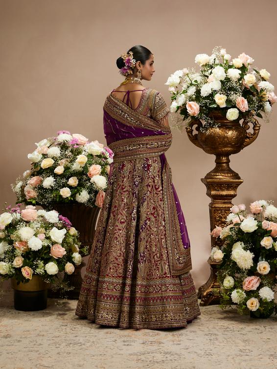 Twamev Women Royal Purple And Cherry Red Embroidered Lehenga with Paisley