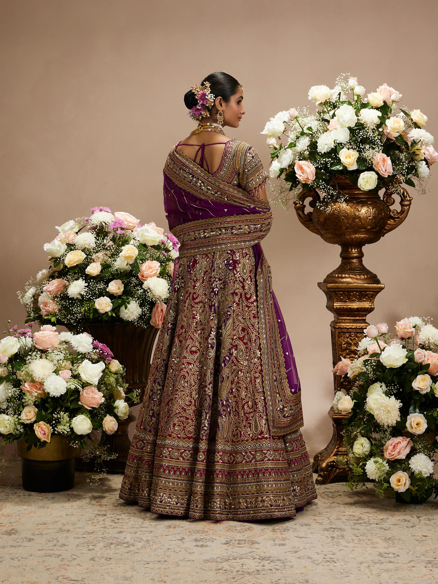 Twamev Women Royal Purple And Cherry Red Embroidered Lehenga with Paisley