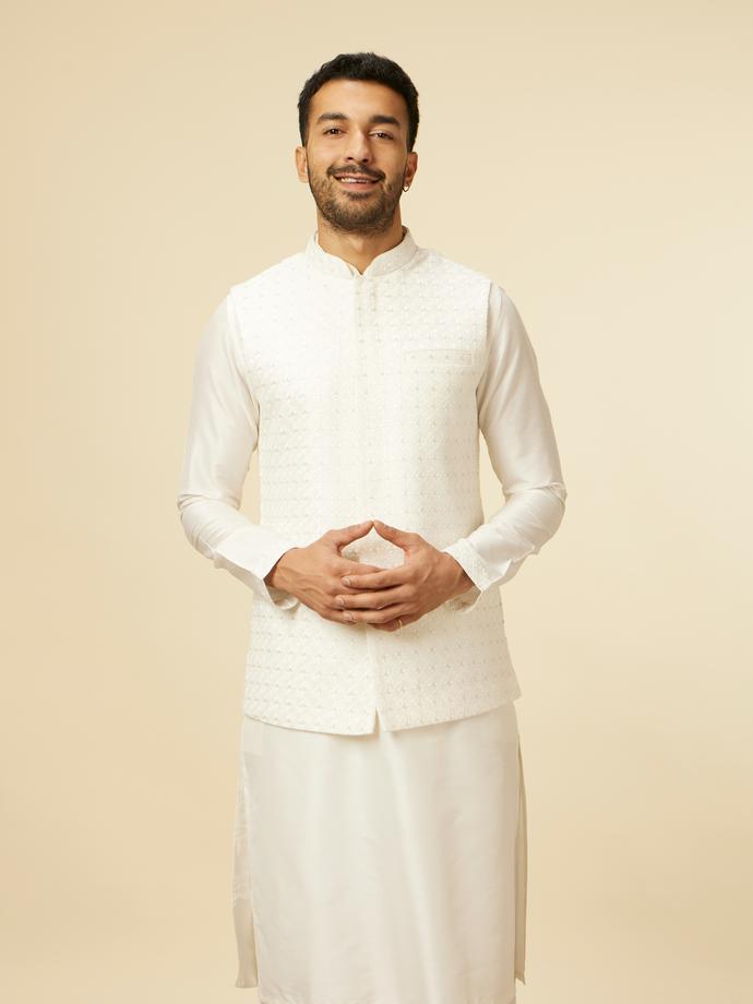 Twamev Men Warm White Self Patterned Kurta Jacket Set