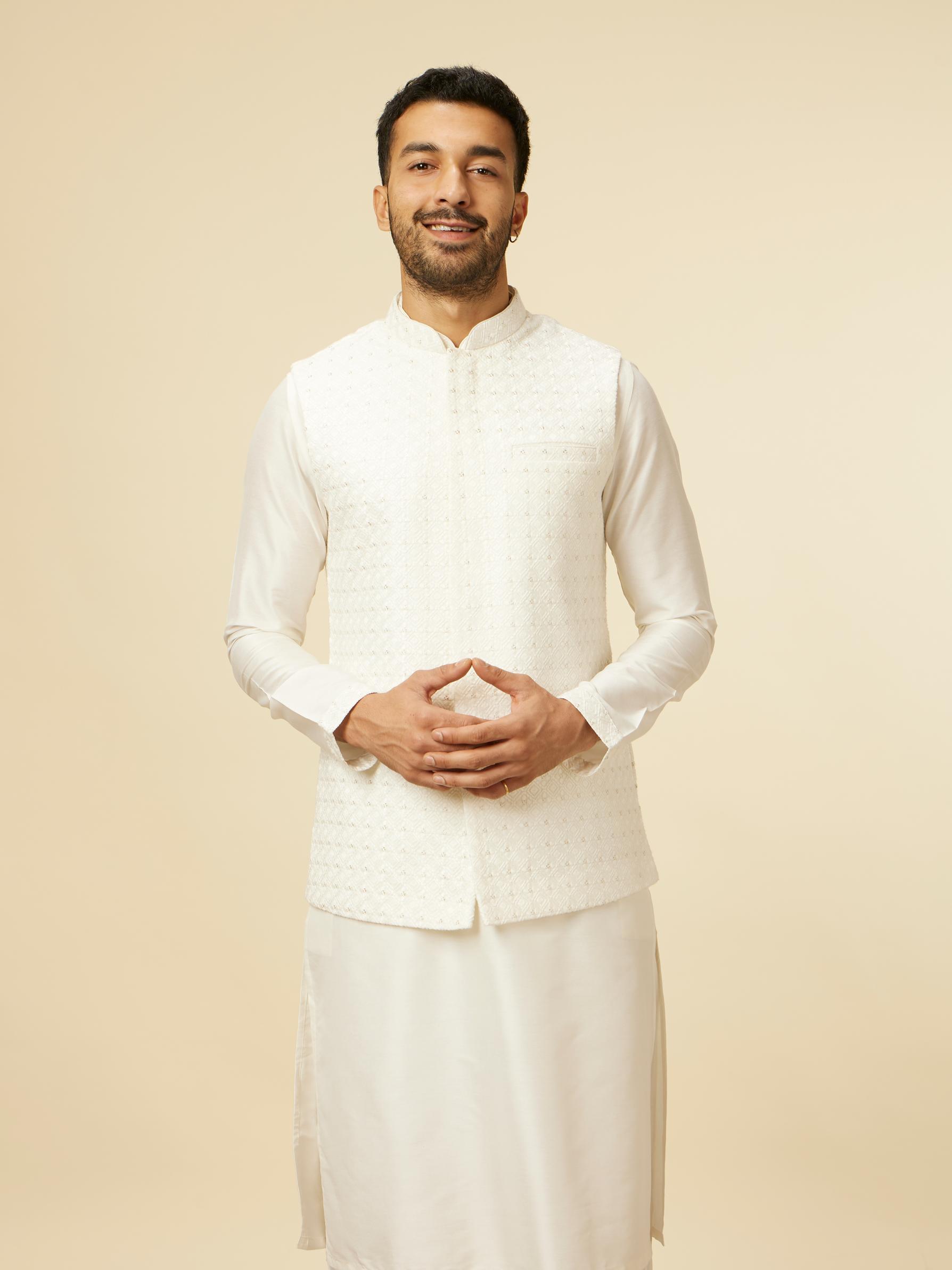 Twamev Men Warm White Self Patterned Kurta Jacket Set