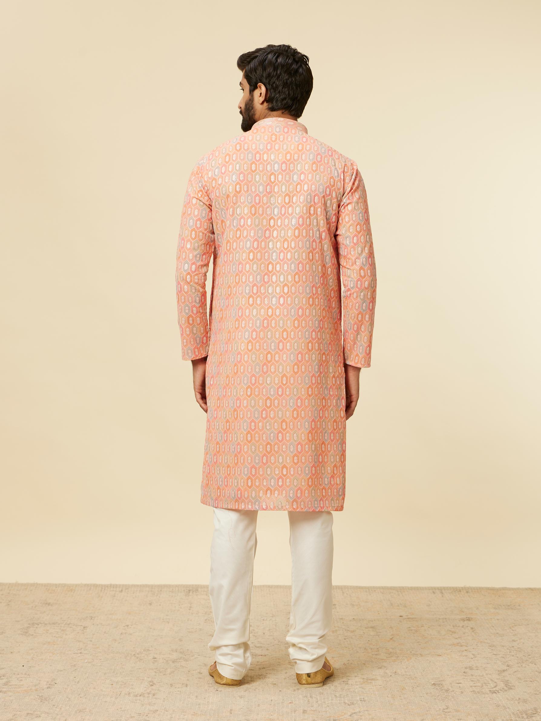 Twamev Men Peach Hexagonal Patterned Kurta Set