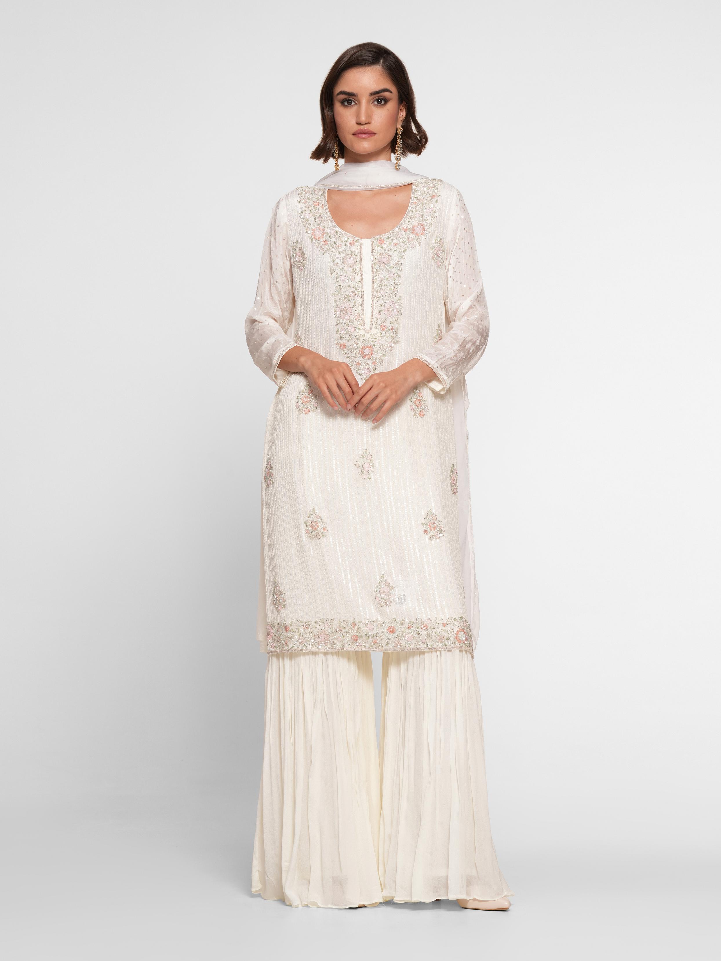 Twamev Women Cream Chinon Stitched Suit with Cutdana Work