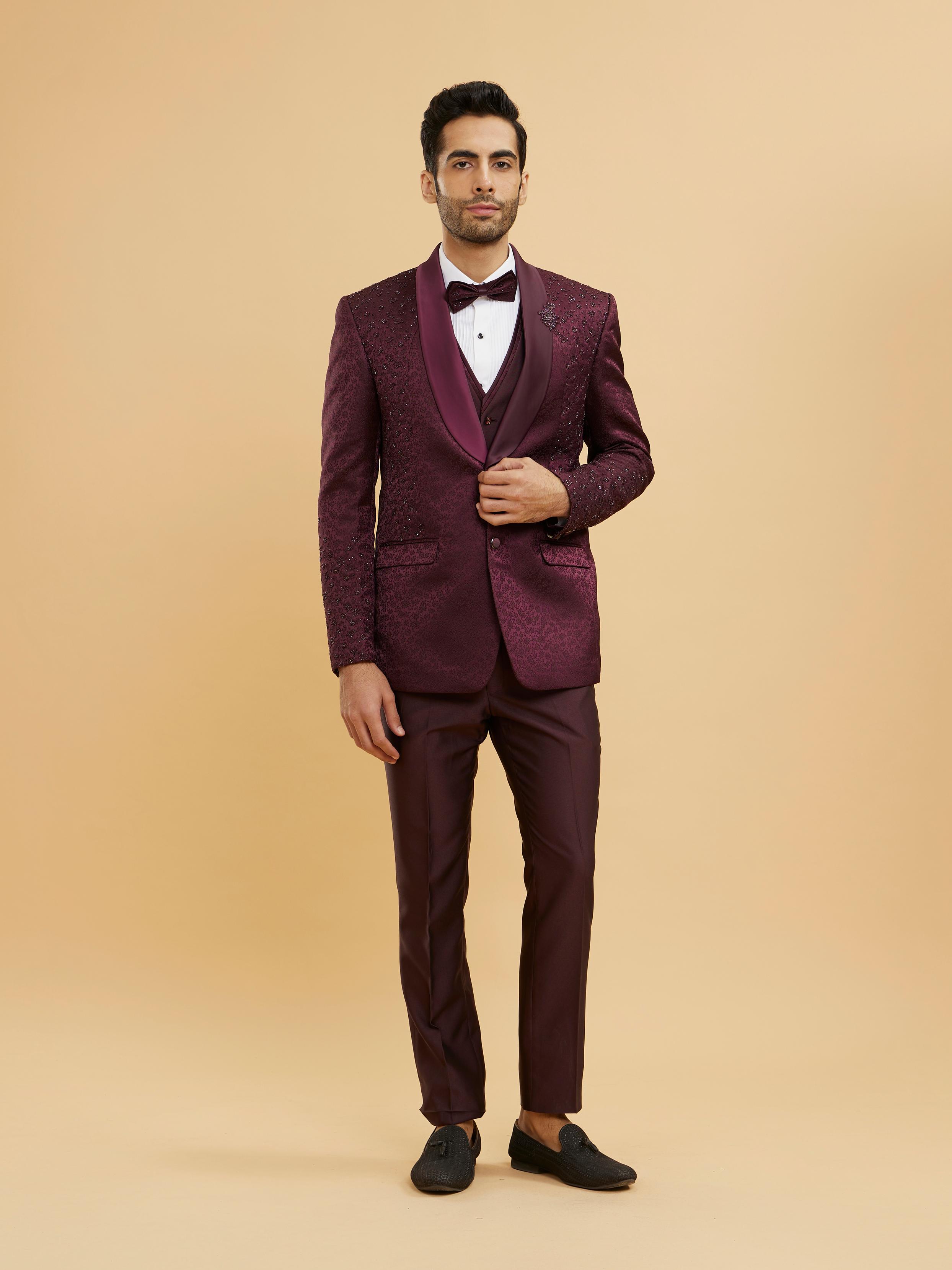 Twamev Men Wine Red Bel Buti Patterned Stone Work Designer Suit