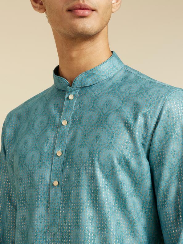 Diwas Men Aqua Green Medallion Printed Kurta