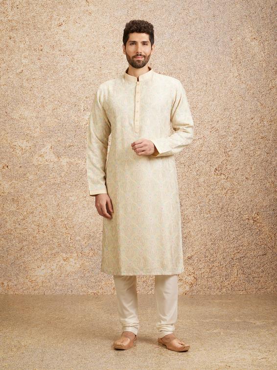 Twamev Men Peach Zari Embroidered Kurta Pajama