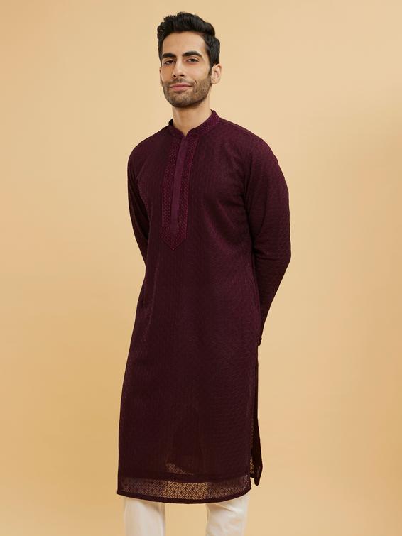 Twamev Men Wine Red Jaal Patterned Kurta Set with Embellished Placket