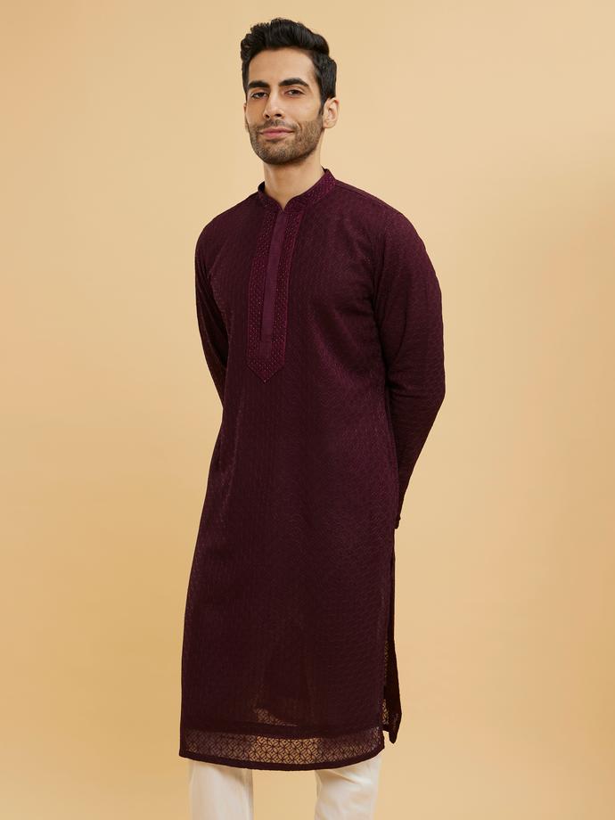 Twamev Men Wine Red Jaal Patterned Kurta Set with Embellished Placket