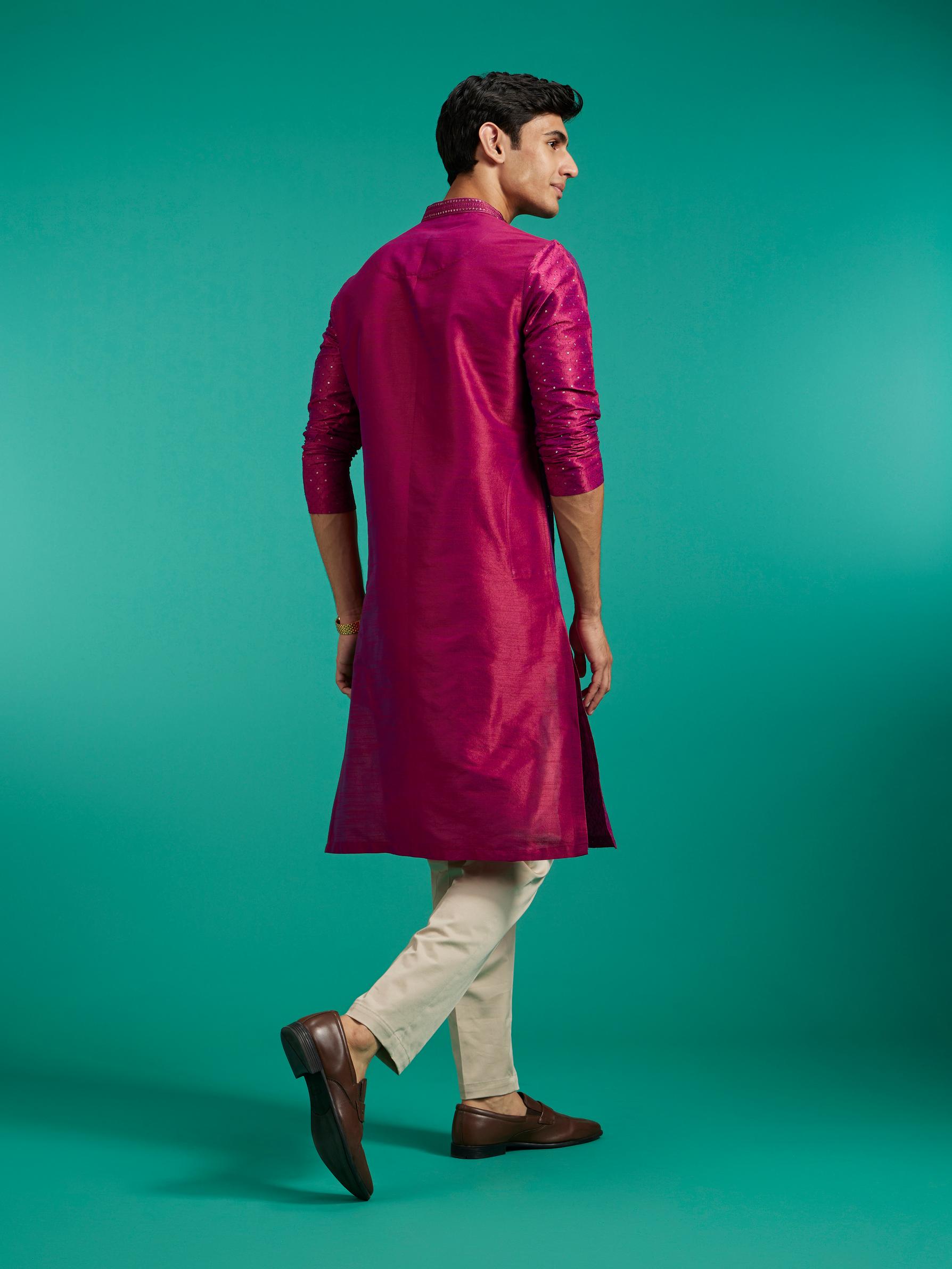 Diwas Men Rani Pink Grid Patterned Kurta with Sequin Work