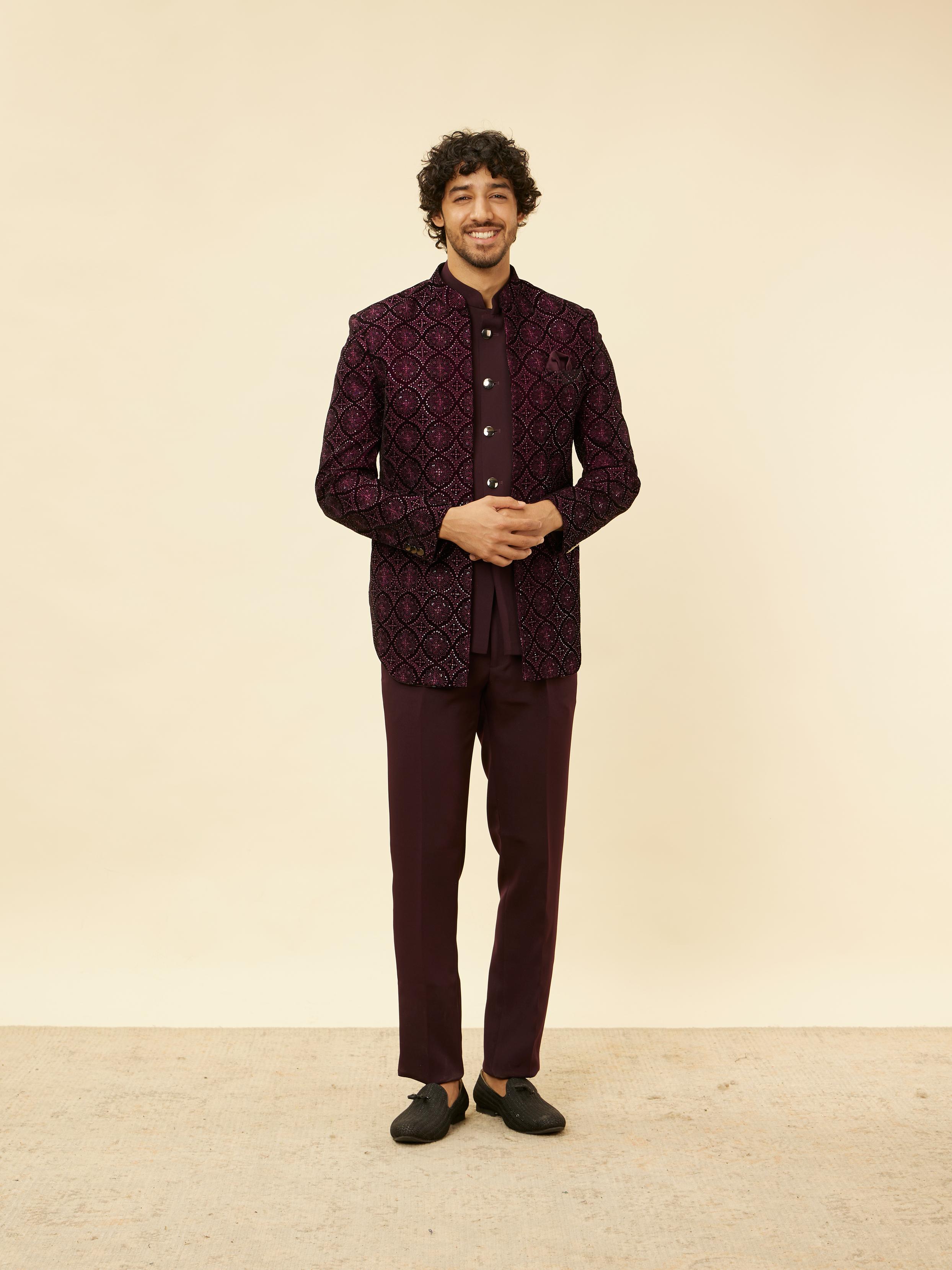 Twamev Men Wine Sequined Embroidery Indo Western