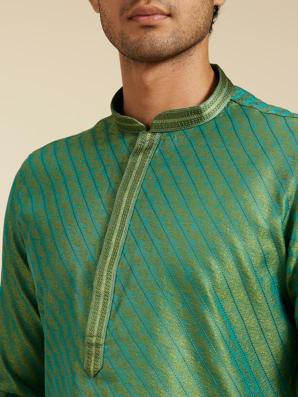 Diwas Men Soft Green Self Striped Bel Printed Kurta