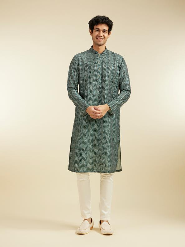 Diwas Men Bottle Green Chevron Printed Kurta