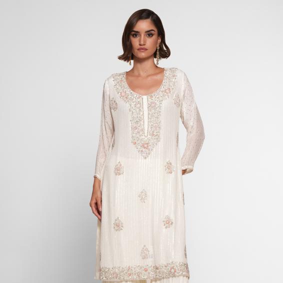 Twamev Women Cream Chinon Stitched Suit with Cutdana Work
