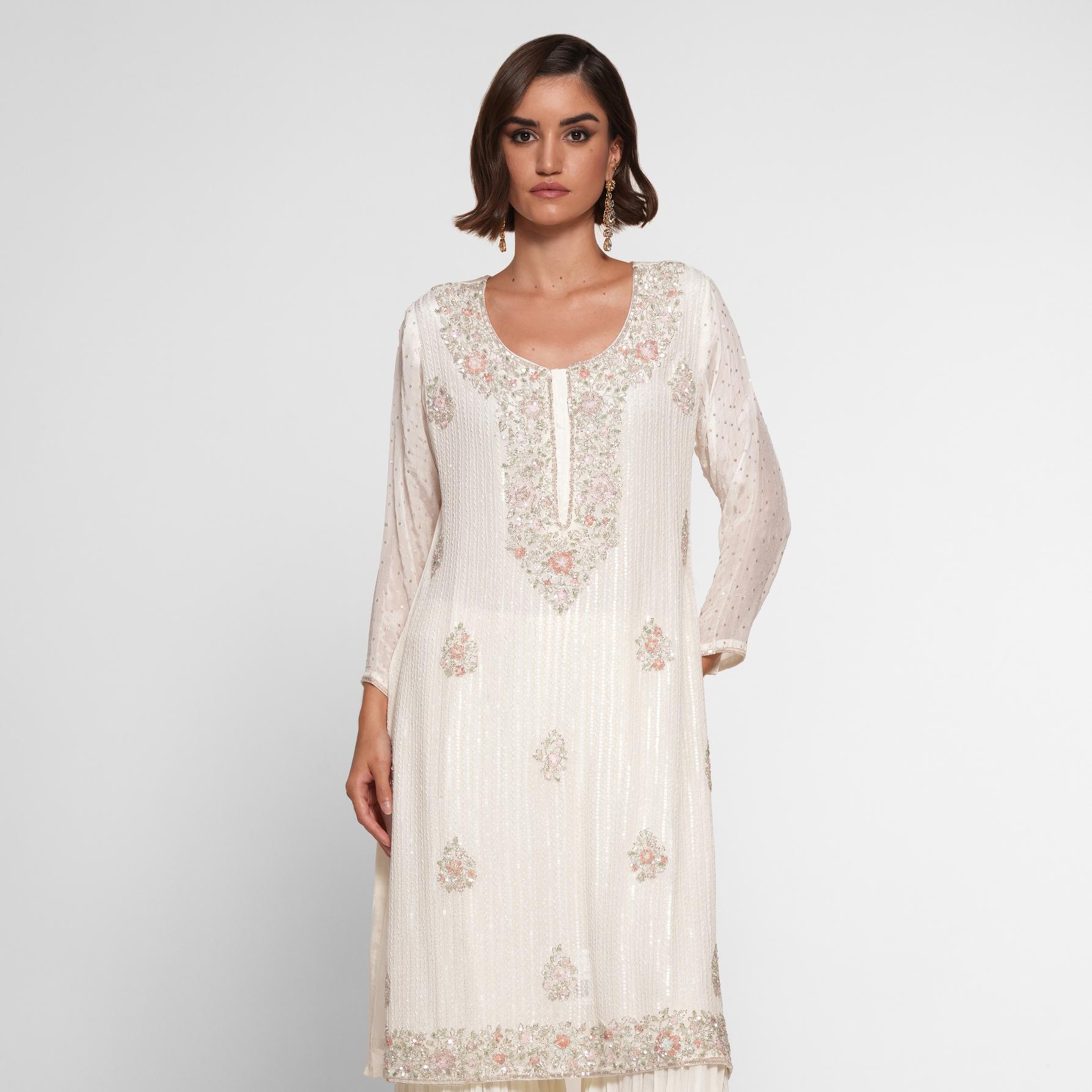 Twamev Women Cream Chinon Stitched Suit with Cutdana Work