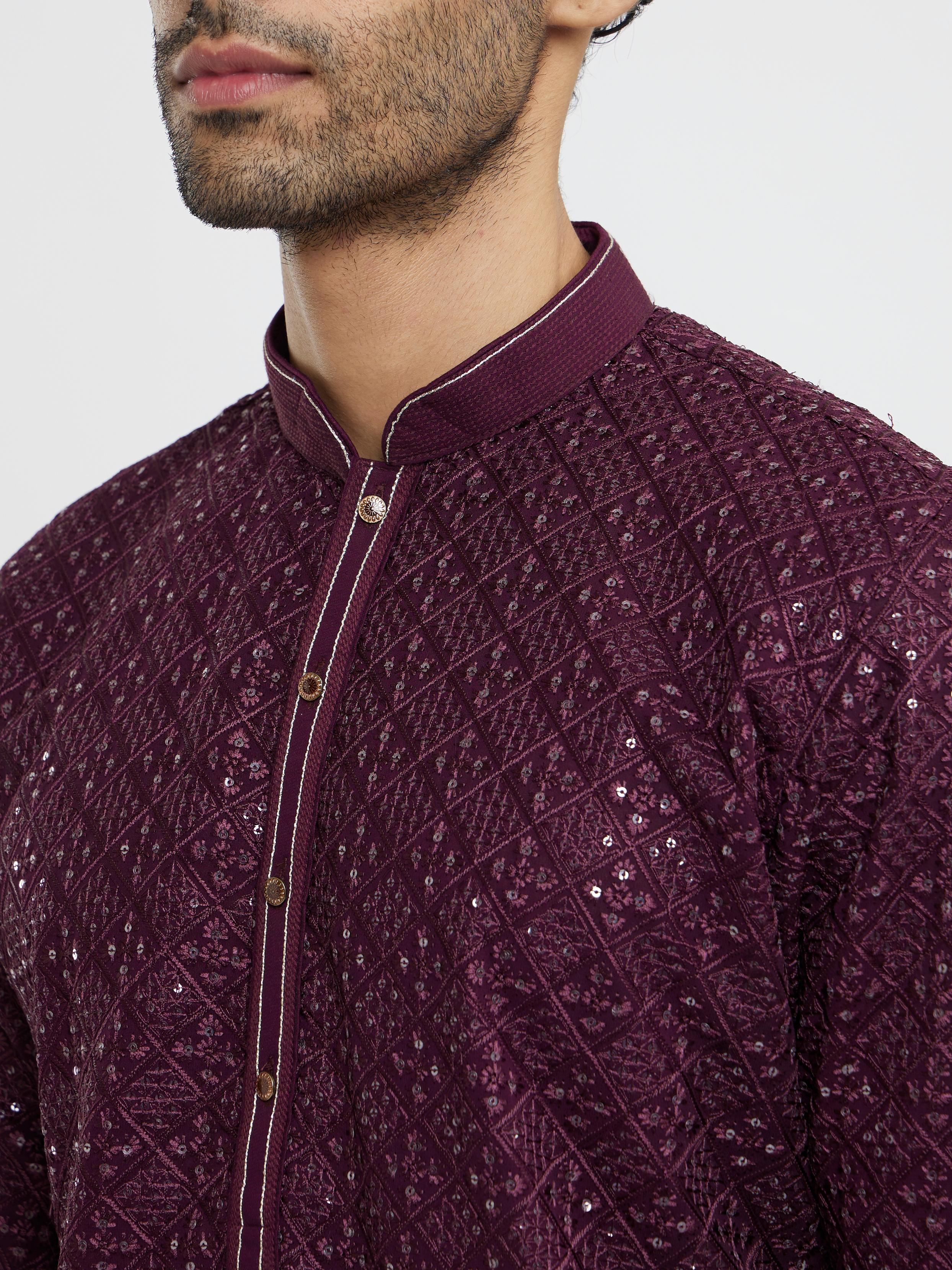 Twamev Men Wine Georgette Kurta Pajama Glamour