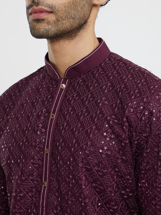 Twamev Men Wine Georgette Kurta Pajama Glamour