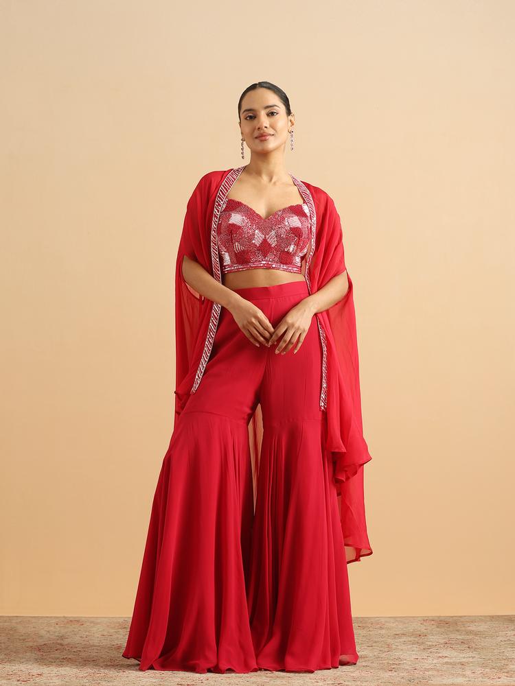 Twamev Women Glamorous Red Partywear Suit
