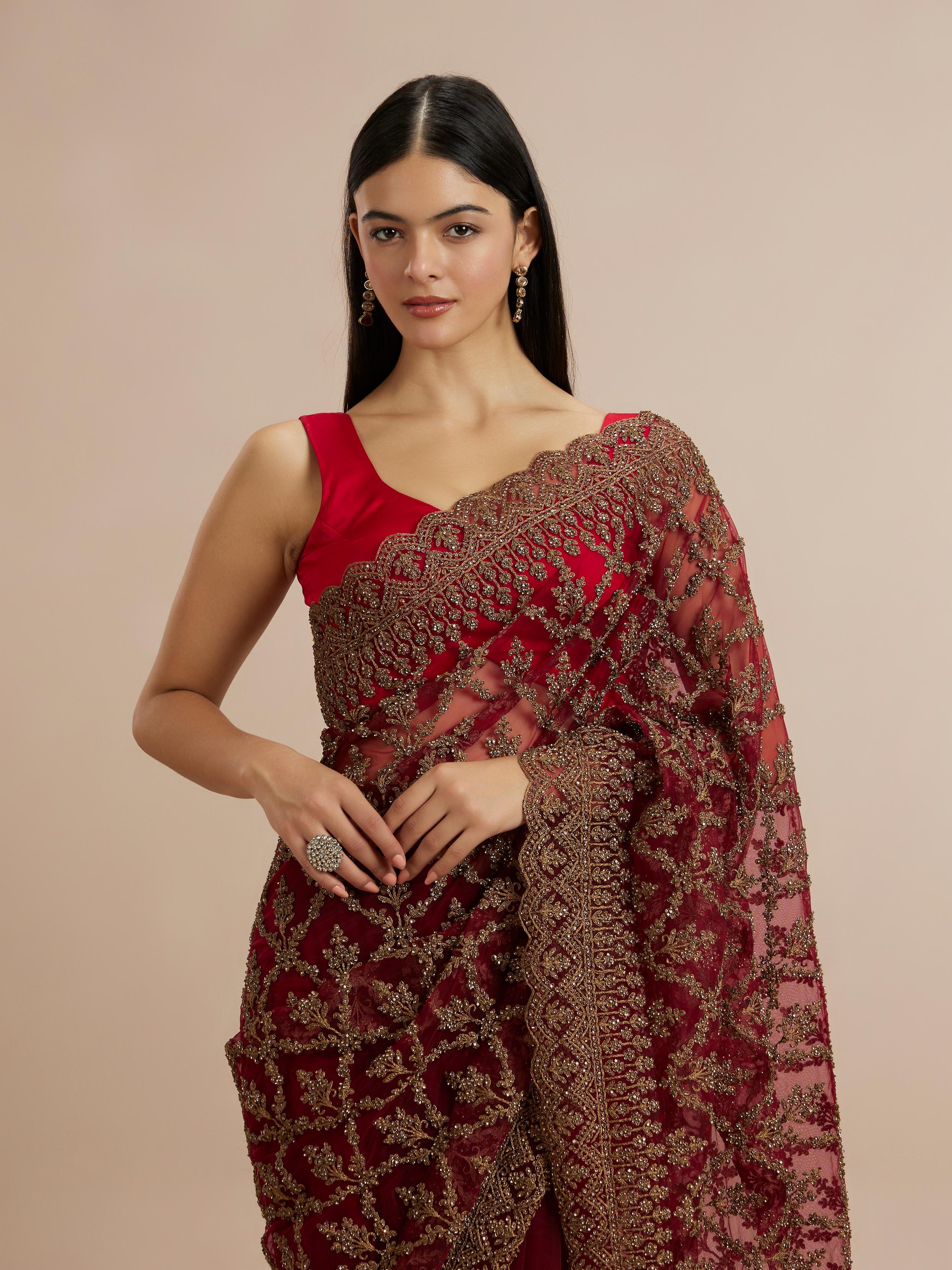 Twamev Women Enchanting Rust Red Net Saree
