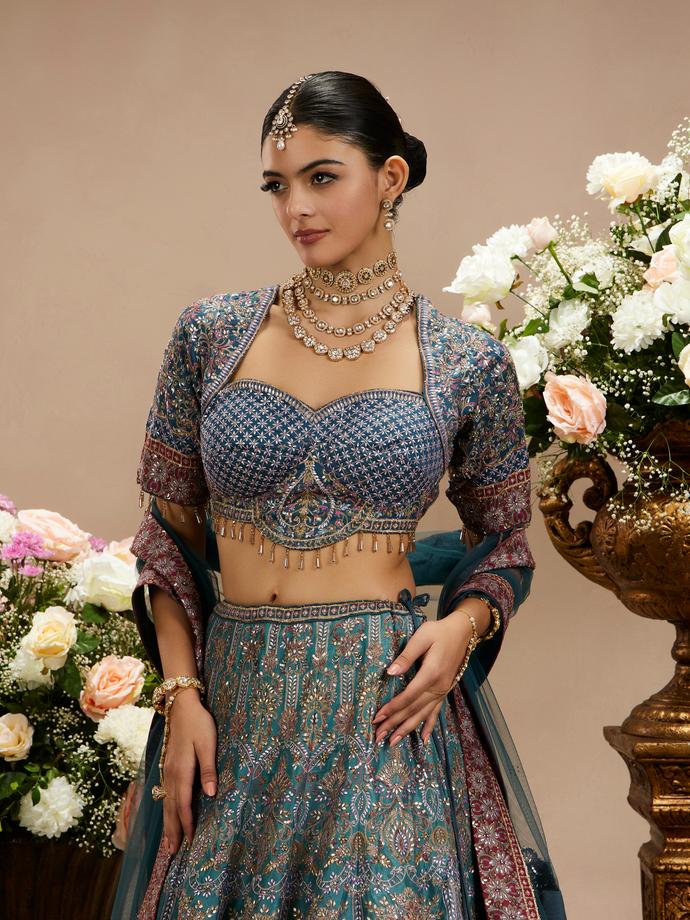 Twamev Women Cool Grey Zari Embroidered Bridal Lehenga with Floral And Peacock Motifs