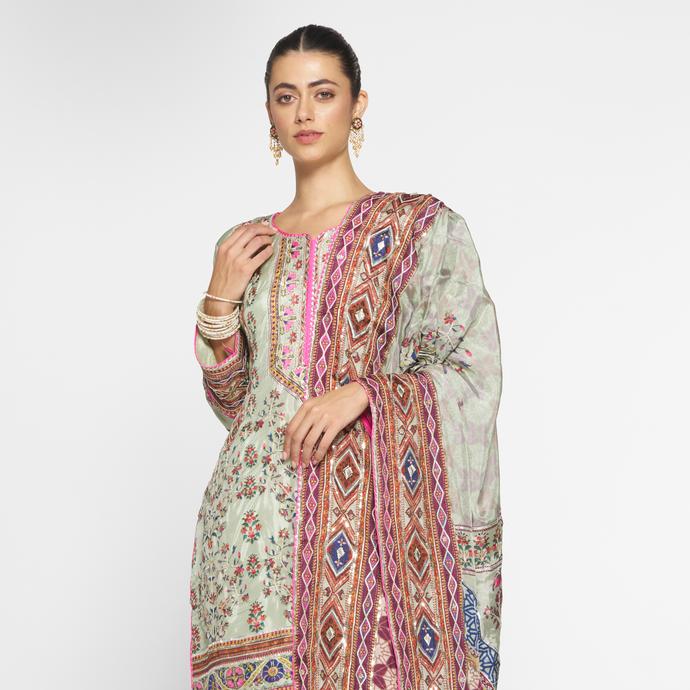Twamev Women Lustrous Pista Green Satin Stitched Suit
