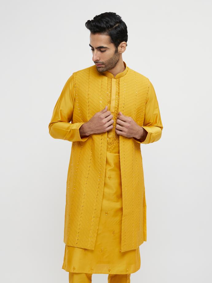 Twamev Men Mustard Yellow Mirror Embellished Jacket Set