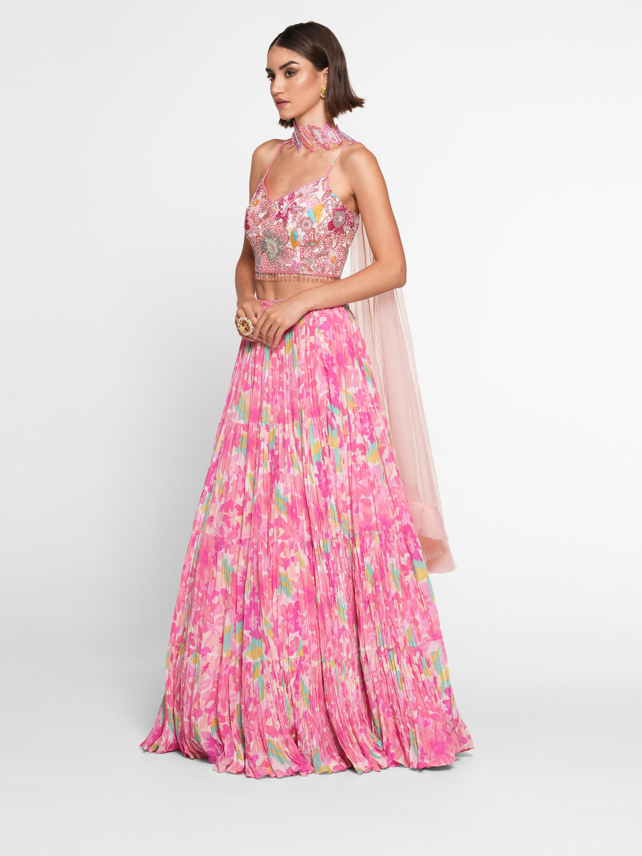 Twamev Women Ethereal Pink Chinon Skirt Top Ensemble