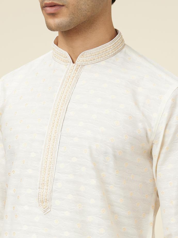 Twamev Men Cannoli Cream Jacquard Patterned Kurta Set
