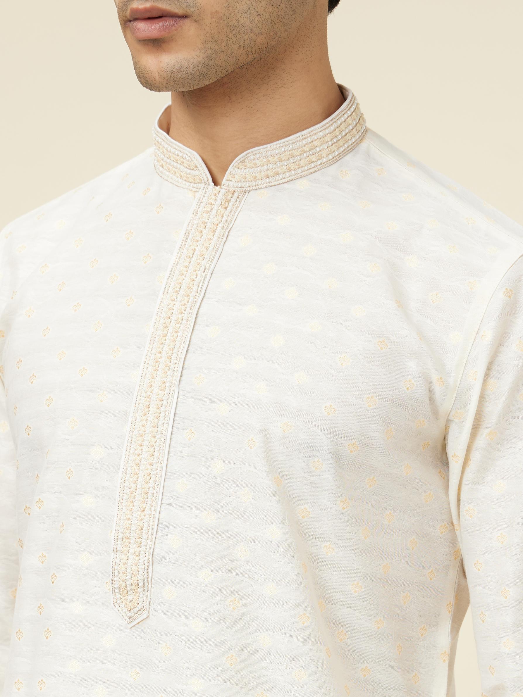 Twamev Men Cannoli Cream Jacquard Patterned Kurta Set