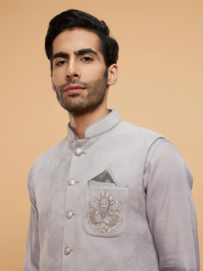 Twamev Men Smoke Grey Self Patterned Jacket Set with Medallion Motif