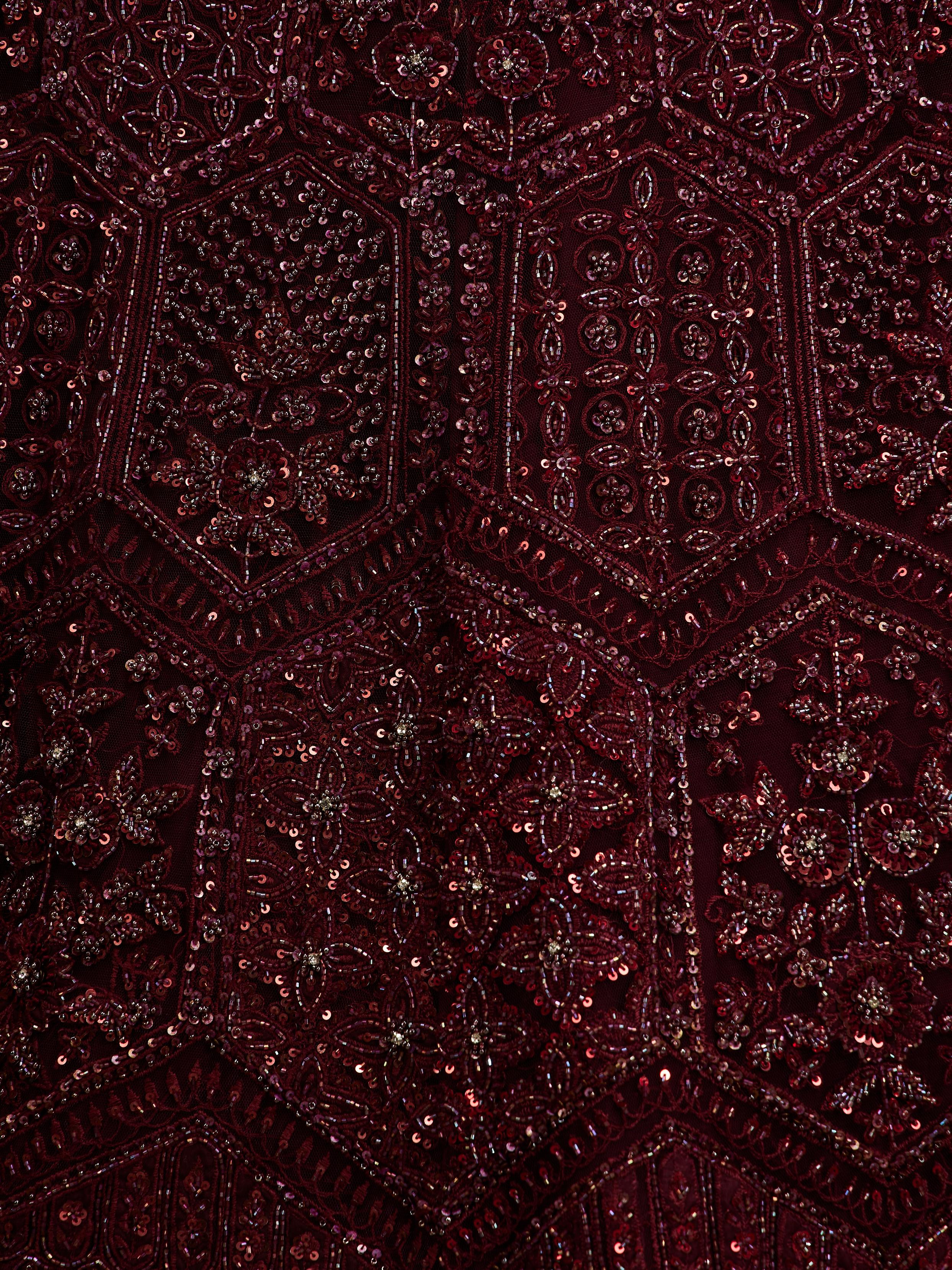 Twamev Women Wine Red Floral Jaal Embroidered Lehenga with Sequin Embellishments