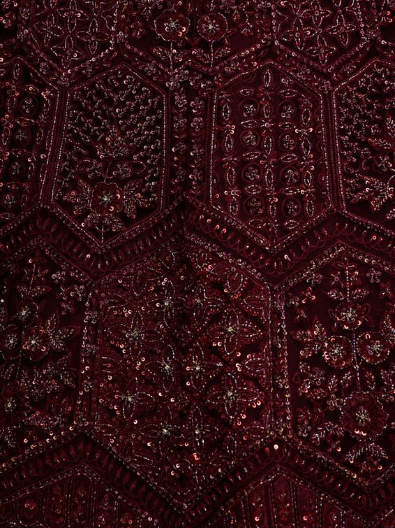Twamev Women Wine Red Floral Jaal Embroidered Lehenga with Sequin Embellishments
