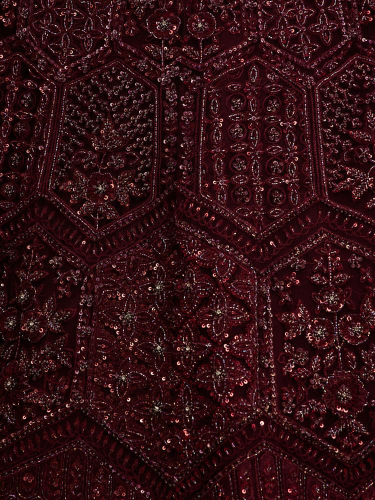 Twamev Women Wine Red Floral Jaal Embroidered Lehenga with Sequin Embellishments